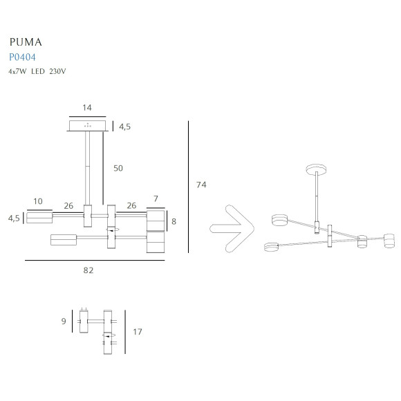 MAXLIGHT P0404 LAMPA WISZĄCA PUMA LED 4x 7W BK/GD MAXLIGHT P0404 LAMPA WISZĄCA PUMA LED 4x 7W BK/GD