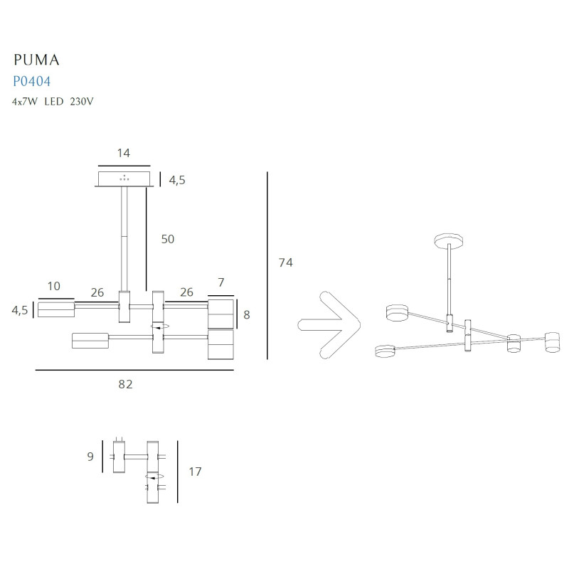 MAXLIGHT P0404 LAMPA WISZĄCA PUMA LED 4x 7W BK/GD