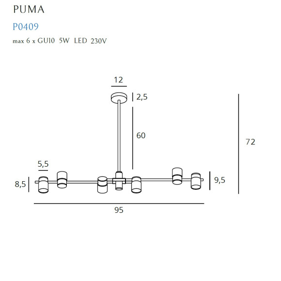 MAXLIGHT P0409 LAMPA WISZĄCA PUMA 6 GU10 MAXLIGHT P0409 LAMPA WISZĄCA PUMA 6 GU10