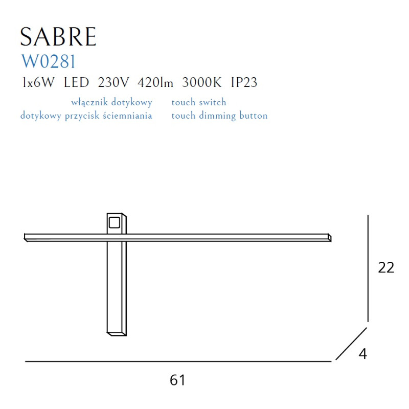 MAXLIGHT W0281 KINKIET SABRE 61 cm CZARNY IP23, ściemnialny z włącznikiem dotykowym