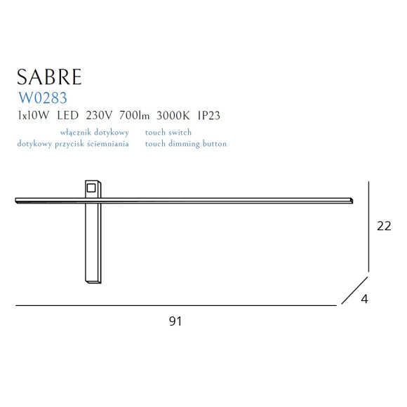 MAXLIGHT W0283 KINKIET SABRE 91 cm CZARNY IP23, ściemnialny z włącznikiem dotykowym