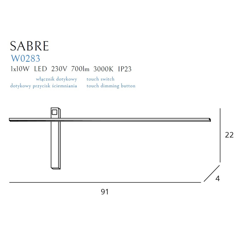 MAXLIGHT W0283 KINKIET SABRE 91 cm CZARNY IP23, ściemnialny z włącznikiem dotykowym