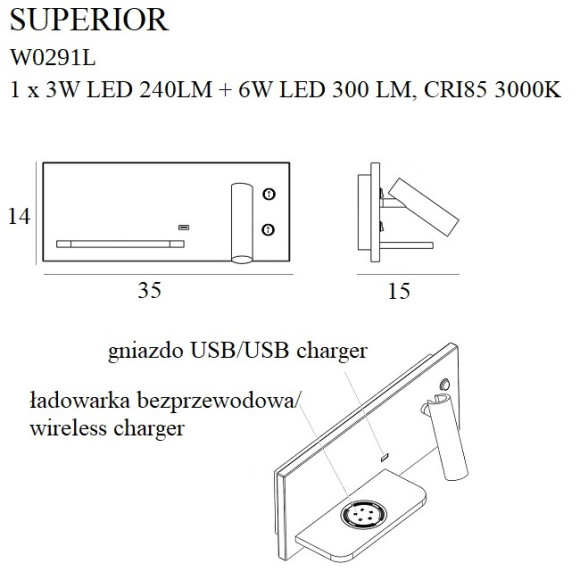 MAXLIGHT W0291L KINKIET SUPERIOR Z GNIAZDEM USB I ŁADOWARKĄ INDUKCYJNĄ BIAŁY