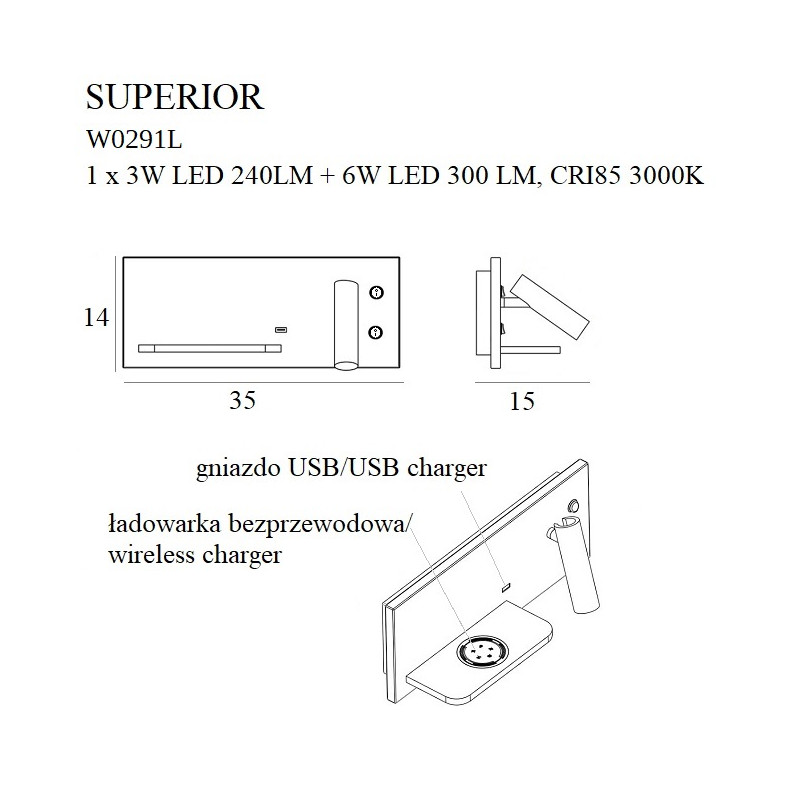 MAXLIGHT W0291L KINKIET SUPERIOR Z GNIAZDEM USB I ŁADOWARKĄ INDUKCYJNĄ BIAŁY