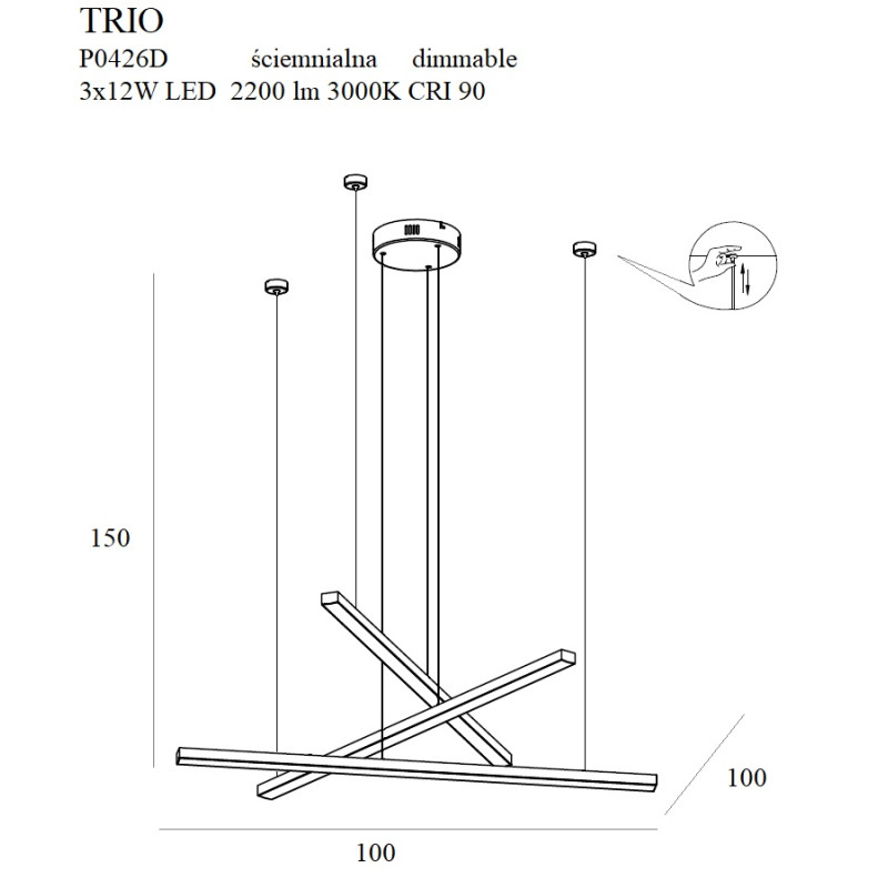 MAXLIGHT P0426D LAMPA WISZĄCA TRIO 3 ZŁOTA ŚCIEMNIALNA