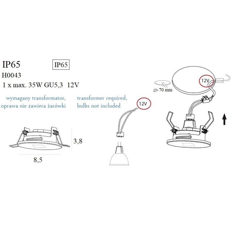 MAXLIGHT H0043 OPRAWA WPUSTOWA OKRĄGŁA IP65 CHROM | GU5,3 MAXLIGHT H0043 OPRAWA WPUSTOWA OKRĄGŁA IP65 CHROM | GU5,3