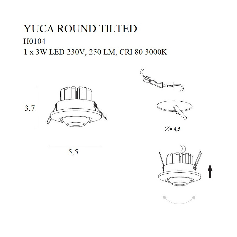 MAXLIGHT H0104 MAX YUCA ROUND | Oprawa wpustowa | 3 W | IP20