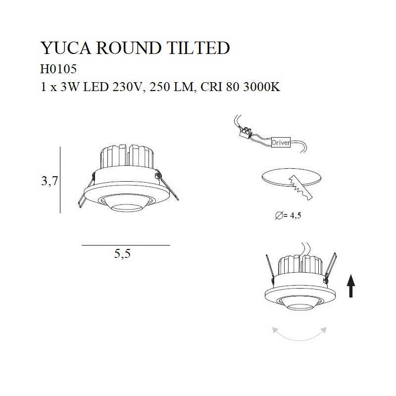MAXLIGHT H0105 MAX YUCA ROUND | Oprawa wpustowa | 3 W | IP20