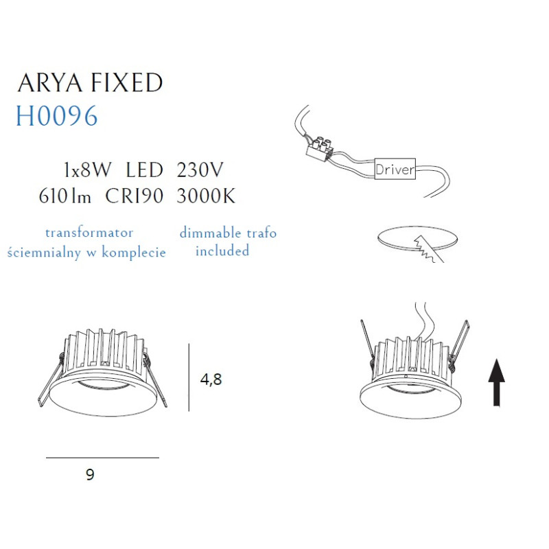 MAXLIGHT H0096 OPRAWA WPUSTOWA MAX ARYA FIXED WHITE 8W ŚCIEMNIALNA