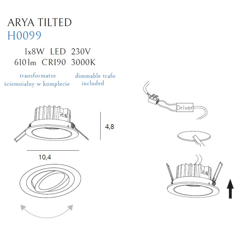 MAXLIGHT H0099 OPRAWA WPUSTOWA MAX ARYA TILTED BLACK 8W ŚCIEMNIALNA