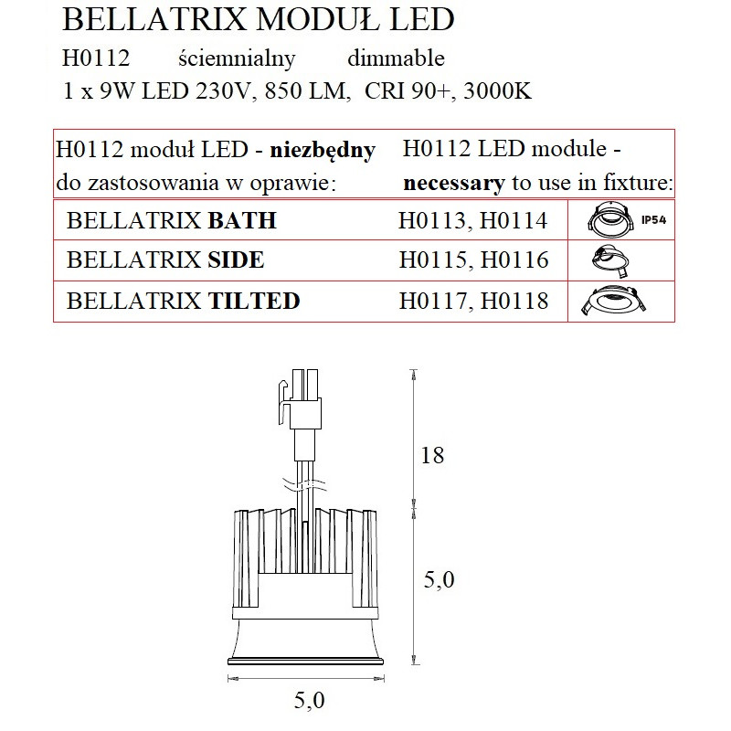 MAXLIGHT H0112 MODUŁ ŚWIETLNY BELLATRIX LED MODULE - ściemnialny DO OPRAW WPUSTOWYCH BELLATRIX