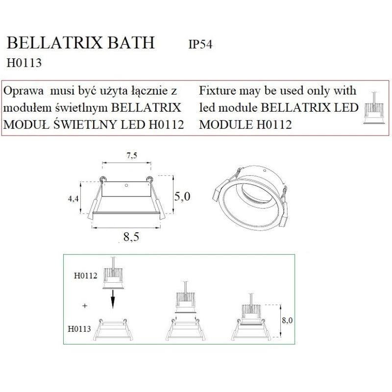 MAXLIGHT H0113 OPRAWA WPUSTOWA BELLATRIX BATH BIAŁA IP54- BEZ MODUŁU ŚWIETLNEGO LED H0112
