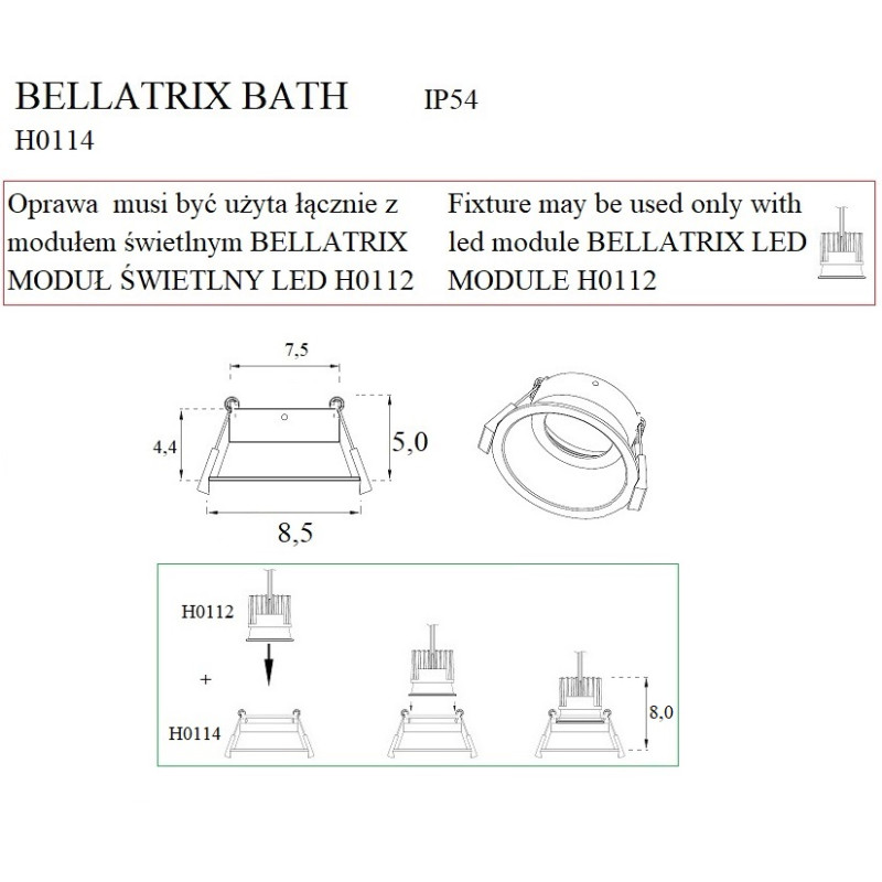 MAXLIGHT H0114 OPRAWA WPUSTOWA BELLATRIX BATH CZARNA IP54 - BEZ MODUŁU ŚWIETLNEGO LED H0112