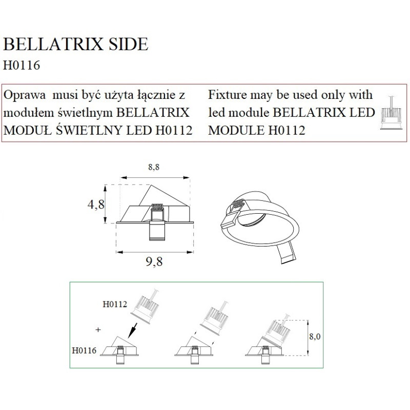 MAXLIGHT H0116 OPRAWA WPUSTOWA BELLATRIX SIDE CZARNA - BEZ MODUŁU ŚWIETLNEGO LED H0112