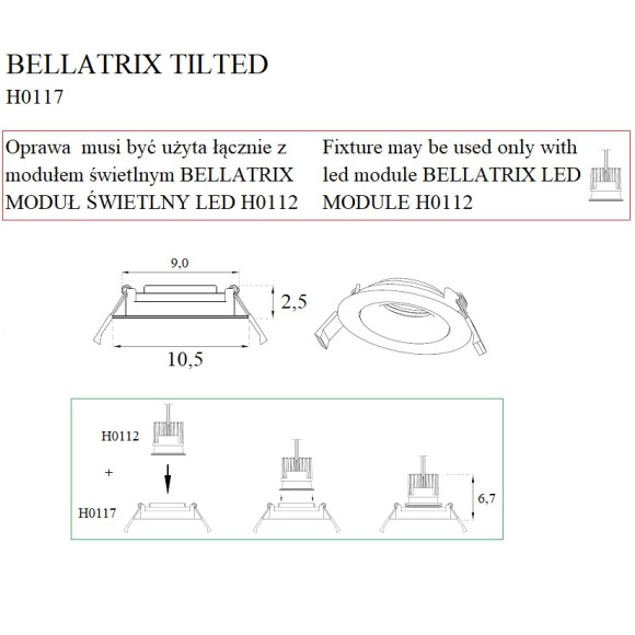 MAXLIGHT H0117 OPRAWA WPUSTOWA BELLATRIX TILTED BIAŁA - BEZ MODUŁU ŚWIETLNEGO LED H0112