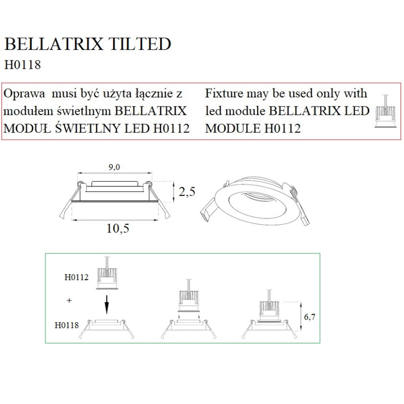 MAXLIGHT H0118 OPRAWA WPUSTOWA BELLATRIX TILTED CZARNA - BEZ MODUŁU ŚWIETLNEGO LED H0112