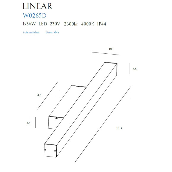 MAXLIGHT W0265 KINKIET LINEAR IP44 WHITE, 36W 4000K ŚCIEMNIALNY