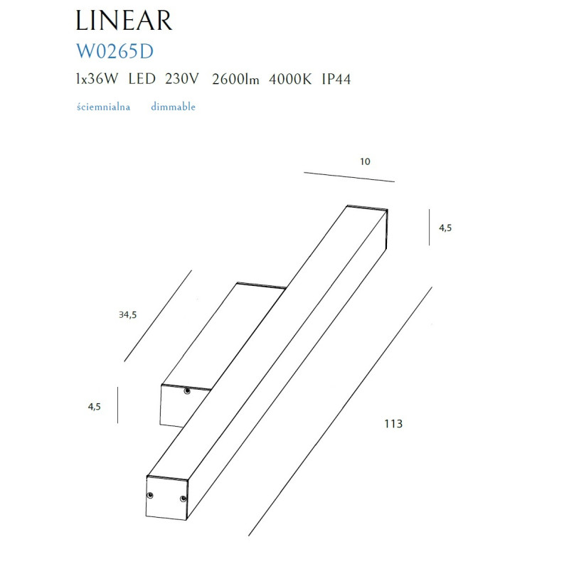 MAXLIGHT W0265 KINKIET LINEAR IP44 WHITE, 36W 4000K ŚCIEMNIALNY