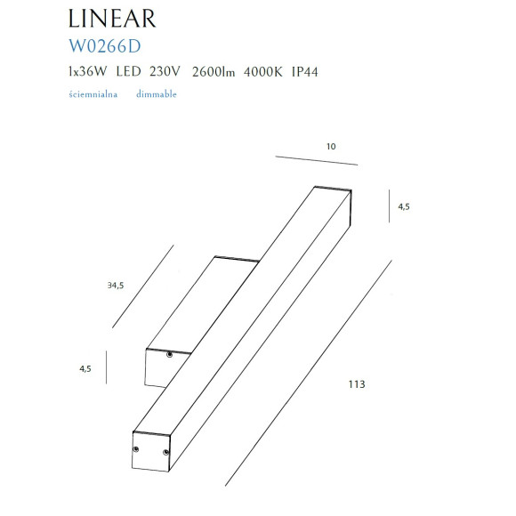 MAXLIGHT W0266 KINKIET LINEAR IP44 BLACK , 36W 4000K ŚCIEMNIALNY