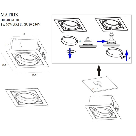 MAXLIGHT H0048 OPRAWA WPUSTOWA MATRIX I CZARNA AR111 GU10 230V