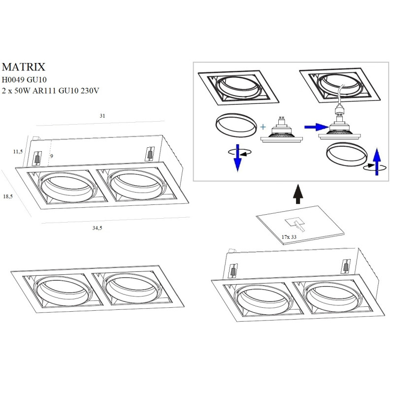 MAXLIGHT H0049 OPRAWA WPUSTOWA MATRIX II CZARNA AR111 GU10 230V
