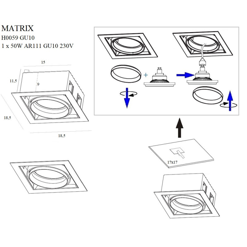 MAXLIGHT H0059 OPRAWA WPUSTOWA MATRIX I BIAŁA AR111 GU10 230V